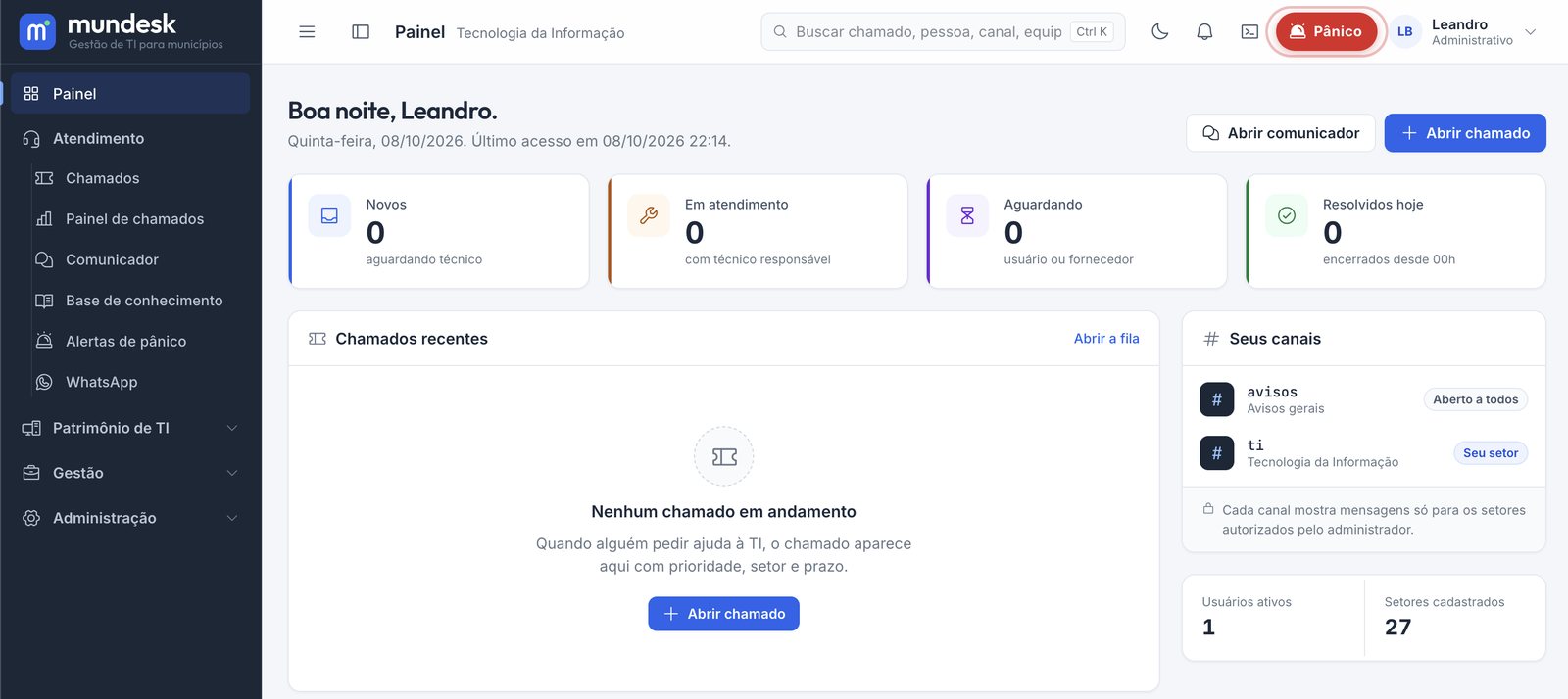 Painel inicial do mundesk com indicadores de chamados, canais do setor e atalhos